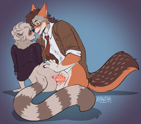 anthro anthro_on_anthro anthro_penetrated anthro_penetrating anthro_penetrating_anthro anus balls biped blush bodily_fluids butt claws clothed clothed_anthro clothed_female clothed_male clothing duo erection eyewear female female_penetrated fingers fur genitals glasses hair male male/female male_penetrating male_penetrating_female penetration penile penile_penetration penis penis_in_vagina saliva sex simple_background sitting smile tail teeth tongue vaginal vaginal_penetration vulva kittydee jack-jackal_(character) robin_raccoon canid canine canis jackal mammal procyonid raccoon 2026 digital_drawing_(artwork) digital_media_(artwork)