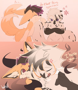 2_tails angry anthro arm_warmers_(marking) beak dialogue duo eyewear female femboy glasses happy male male/female multi_tail smug tail thigh_highs_(marking) nekosteck hyprzal zoms avian bird canid canine fennec_fox fox horned_owl magical_creature mammal owl snowy_owl true_fox true_owl absurd_res hi_res