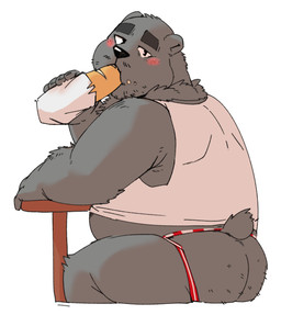 anthro belly biped black_nose blush bread butt clothing eating food jockstrap male overweight overweight_anthro overweight_male shirt simple_background sitting solo topwear underwear white_background jumperbear hugo_(jumperbear) bear mammal 2019 hi_res