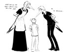 anthro apron clothing dialogue dress female group headdress height_theme larger_female male midwife scrubs size_difference smaller_male tall text trio hladilnik avian bird stork 2025 black_and_white english_text hi_res monochrome