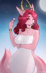 anthro big_breasts black_nose breasts claws clothed clothing dress ears_up evening female fur gold_(metal) hair horn humanoid_hands jewelry looking_at_viewer moon night pink_body pink_fur pink_hair red_eyes simple_background smile solo star tail white_clothing white_dress rrevolight the_crown_of_leaves deer hybrid mammal sahash absurd_res digital_media_(artwork) hi_res