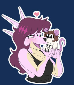 5_fingers anthro black_clothing black_eyes black_shirt black_tank_top black_topwear blush blush_lines breasts brown_hair cleavage clothed clothing duo eyelashes female feral fingers fur hair head_spikes long_hair long_tail multicolored_body multicolored_scales open_mouth open_smile pink_body pink_eyes pink_scales purple_hair scales shirt short_hair simple_background smile snout spikes spikes_(anatomy) tail tan_body tan_scales tank_top topwear transparent_background two_tone_body two_tone_scales white_body white_fur arsenic_iii cavemanon_studios snoot_game chelsea_(arsenic_iii) fan_character aquilops ceratopsian dinosaur mammal marginocephalian mouse murid murine ornithischian prehistoric_species reptile rodent scalie 2025 alpha_channel digital_drawing_(artwork) digital_media_(artwork)