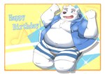 anthro belly big_belly black_nose blue_eyes blush clothed clothing hoodie humanoid_hands kemono male moobs open_clothing open_hoodie open_topwear overweight overweight_male solo topwear white_body yanununununu utau shirane_kan bear mammal polar_bear ursine 2022 hi_res