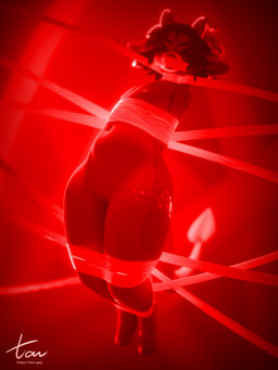 anthro arms_tied bdsm bondage bound female fur genitals grey_body grey_fur hair hooves horn legs_tied long_tail nipples nude red_hair red_horn restrained solo spade_tail tail tape taped_mouth tattoo vulva white_body white_fur tavvy_tav dreddy_(dreddyhypno) bovid bovine caprine hybrid imp mammal absurd_res hi_res