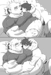 anthro belly cuddling duo eyewear glasses male male/male musclegut muscular navel pecs romantic romantic_couple suzuapi2 lifewonders tokyo_afterschool_summoners leib_(tas) protagonist_(tas) twink_protagonist_(tas) bear human mammal polar_bear ursine monochrome