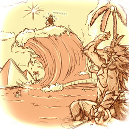 anthro countershading group humanoid_hands male mohawk overweight overweight_male sitting sun text tusks water wetsuit nama lifewonders tokyo_afterschool_summoners ganglie_(tas) seth_(tas) canid canine canis jackal mammal suid suine sus_(pig) wild_boar 1:1 2018 english_text
