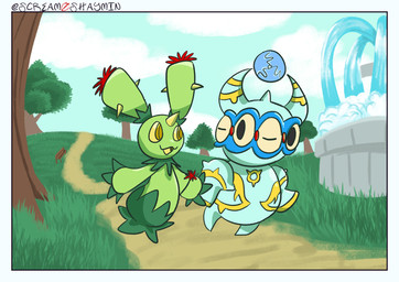 bench blue_body border fountain grass green_eyes hand_holding plant spikes spikes_(anatomy) tree white_border yellow_eyes screamoshaymin nintendo pokemon claydol elemental_creature flora_fauna generation_3_pokemon generation_5_pokemon maractus pokemon_(species) hi_res signature