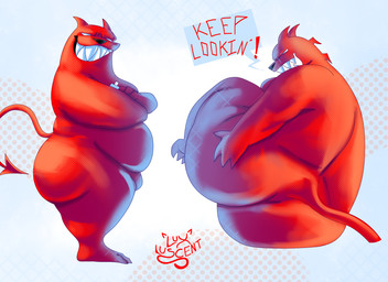 anthro backlighting bandage big_butt butt claws cocky commanding_viewer confident dialogue fur grin grinning_at_viewer horn light male no_pupils overweight presenting presenting_hindquarters red_body red_fur sharp_teeth smile smiling_at_viewer solo spade_tail tail teeth text thick_thighs toe_claws touching_butt white_eyes lunoversia grauwl bear demon mammal english_text hi_res lighting shaded