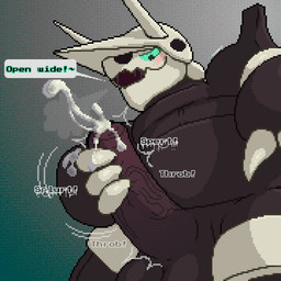 alternate_color animal_genitalia animal_penis balls big_balls big_penis blush bodily_fluids breath brown_body claws cum cum_drip cum_on_hand cum_on_penis cum_string cumshot dialogue dripping ejaculation erection fellatio_request feral foreshortening genital_fluids genitals gradient_background green_eyes green_sclera hand_on_penis horn huge_penis looking_at_viewer looking_down low-angle_view male masturbation motion_lines nude onomatopoeia open_mouth oral_request orgasm penile penile_masturbation penis presenting presenting_penis requesting saliva semi-anthro sex_request simple_background smile solo sound_effects standing talking_to_viewer text throbbing vein veiny_penis worm's-eye_view conditional_dnp phosaggro nintendo pokemon phos_(phosaggro) aggron generation_3_pokemon pokemon_(species) reptile scalie 1:1 2020 digital_media_(artwork) english_text pixel_(artwork) watermark