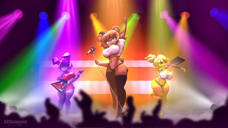 anthro blue_eyes box buckteeth clothed clothing container crossgender crowd electric_guitar electronics female food group guitar hat headgear headwear holding_guitar holding_musical_instrument holding_object legwear machine microphone mtf_crossgender musical_instrument pizza pizza_box plucked_string_instrument spotlight string_instrument teeth text thigh_highs trio croseneu cryptiacurves_(modeler) five_nights_at_freddy's fredina's_nightclub scottgames bonfie_(cryptiacurves) bonnie_(fnaf) chica_(fnaf) chiku_(cryptiacurves) freddy_(fnaf) frenni_(cryptiacurves) animatronic avian bear bird chicken galliform lagomorph leporid mammal phasianid rabbit robot 16:9 2022 3d_(artwork) digital_media_(artwork) hi_res widescreen