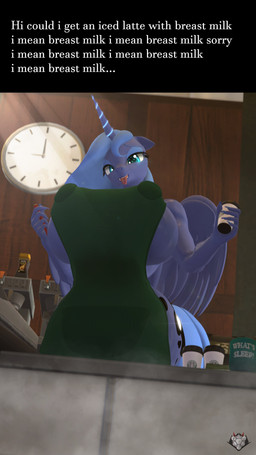 anthro apron apron_only big_breasts blue_body blue_fur blue_hair breasts clock clothed clothing container cup curvy_figure cutie_mark detailed_background dual_holding eyelashes eyeshadow female fingers fur green_apron green_clothing hair holding_container holding_cup holding_object holding_pen holding_writing_utensil horn hourglass_figure huge_breasts inside long_hair looking_at_viewer makeup mostly_nude pen repeated_text side_boob smile solo standing teal_eyes teeth text tongue tongue_out wide_hips wings writing_utensil naughty_cube friendship_is_magic hasbro i_mean_breast_milk my_little_pony mythology starbucks princess_luna_(mlp) equid equine horse mammal mythological_creature mythological_equine pony winged_unicorn 2021 3d_(artwork) 4k 9:16 absurd_res digital_media_(artwork) english_text hi_res meme source_filmmaker_(artwork)