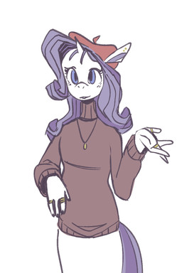 anthro beret blue_eyes blush blush_lines clothing female hair hat headgear headwear horn jewelry necklace purple_hair ring simple_background solo sweater topwear turtleneck white_body bbravaa friendship_is_magic hasbro my_little_pony mythology rarity_(mlp) equid equine mammal mythological_creature mythological_equine unicorn 2:3 hi_res
