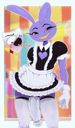 anthro blush clothing dress duo female genitals half-erect hands_on_hips legwear looking_at_viewer lustful_gaze maid_uniform male penis purple_body smile standing tail thigh_highs third_leg uniform bigdon1992 glitch_productions the_amazing_digital_circus gangle_(tadc) jax_(tadc) lagomorph leporid mammal rabbit 2026 absurd_res digital_media_(artwork) hi_res