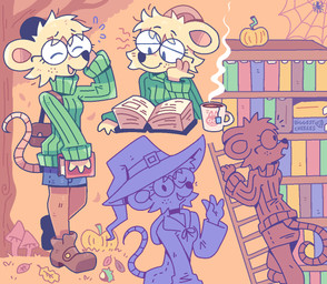 anthro beverage blue_bottomwear blue_clothing blue_shorts book bottomwear brown_clothing brown_footwear brown_shoes brown_socks clothing coffee eyewear female food footwear fruit fungus fur glasses green_clothing green_sweater green_topwear hat headgear headwear holidays leaf library magic_user mushroom open_mouth plant pumpkin shoes shorts simple_background socks solo spider_web stairs sweater tan_body tan_fur topwear tree witch witch_hat graskip cc-by-nc creative_commons halloween library_mouse mammal mouse murid murine rodent aliasing digital_media_(artwork)