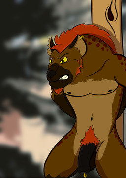 anthro balls big_balls big_penis biped black_penis bound captured flaccid forced foreskin genital_piercing genitals hair huge_penis humanoid_genitalia humanoid_penis kneeld male nipples nude partially_retracted_foreskin penis penis_piercing piercing prince_albert_piercing red_hair restrained solo spread_legs spreading submissive submissive_male gnorr gnoll hyena mammal spotted_hyena absurd_res hi_res