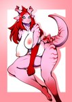 5_fingers anthro areola biped black_sclera breasts countershading female fingers hair horn leg_markings long_hair markings nipples nude pink_areola pink_body pink_nipples puffy_areola pupils red_hair red_markings sitting slit_pupils socks_(marking) solo tail tail_ridge yellow_eyes j7w mythology dragon mythological_creature mythological_scalie scalie wingless_dragon 2021 hi_res portrait three-quarter_portrait