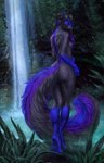 anthro areola back_boob blue_stripe breasts digitigrade exposed_breasts female looking_at_viewer nipples nude purple_stripes rear_view solo stripes waterfall himeragoldtail chatin_naidoo mammal mephitid skunk 2022 hi_res watermark