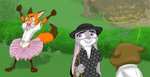 anthro clothed clothing crossdressing dialogue ears_down fur grass grey_body grey_fur grin group hat headgear headwear open_mouth outside pivoted_ears plant purple_eyes shrub smile text tongue tongue_out tree bitchimadorable ace_ventura_(copyright) disney zootopia judy_hopps nick_wilde canid canine fox lagomorph leporid mammal rabbit red_fox true_fox 2020 english_text