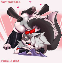 3_toes 4_fingers anthro ass_up biting_sheets black_nose black_tail bodily_fluids butt butt_grab cheek_tuft clothing disembodied_hand disembodied_penis duo ear_piercing eyebrow_piercing eyebrows eyelashes facial_piercing facial_tuft fangs feet female fingers fur genital_fluids genitals grey_body grey_fur hand_on_butt heart_symbol hot_dogging legwear male male/female multicolored_body multicolored_fur penis piercing precum sex smile tail teeth text thick_thighs thigh_highs toes tuft twitter_handle two_tone_body two_tone_fur two_tone_tail white_body white_fur white_tail vinyl_squad hellaverse helluva_boss mythology loona_(helluva_boss) canid canid_demon canine demon hellhound mammal mythological_canine mythological_creature 2026 artist_name
