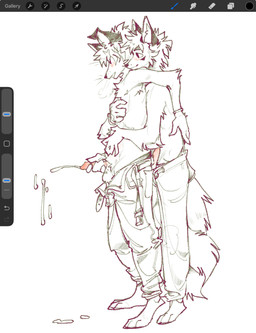 anthro arm_tuft art_program_in_frame ball_tuft belt blush bodily_fluids bottomwear bottomwear_down breath clothed clothing cum drawing_program duo ejaculation elbow_tuft erection floppy_ears from_behind_position genital_fluids genitals hair handjob handjob_from_behind holding_penis male male/male open_belt pants pants_down partially_clothed penile penis sex standing tail tuft user_interface whiskers serpent_x canid canine fox mammal absurd_res digital_media_(artwork) hi_res procreate_(artwork) sketch