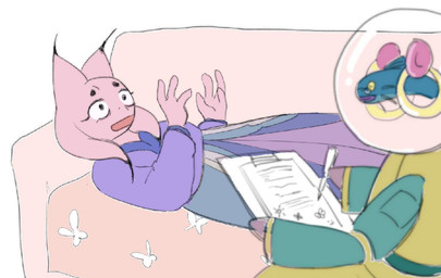 anthro clothed clothing doctor duo eyelashes female fur furniture lying lying_on_sofa on_sofa pink_body pink_fur sofa nanobooboo1 nine_sols red_candle_games lady_ethereal_(nine_sols) aquatic arthropod butterfly felid feline fish insect lepidopteran lynx mammal solarian