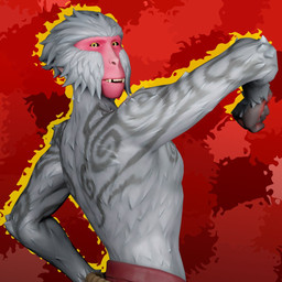 anthro athletic athletic_male black_sclera fangs grey_body looking_at_viewer looking_back male raised_arm red_background red_body red_skin simple_background smile smiling_at_viewer solo teeth yellow_eyes enati_paraskevi epic_games fortnite kozaru_(fortnite) haplorhine japanese_macaque macaque mammal monkey old_world_monkey primate 1:1 portrait three-quarter_portrait