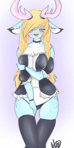 anthro antlers blonde_hair breast_squish breasts carol_oc clothing female hair hair_over_eye horn legwear lingerie maid_uniform one_eye_obstructed seductive shy simple_background solo squish stockings uniform unknown_artist unknown_artist_signature deer mammal hi_res signature source_request