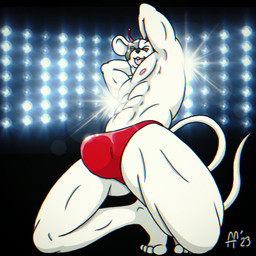 abs antennae_(anatomy) anthro black_nose buckteeth bulge clothing fur hands_behind_head looking_at_viewer male muscular muscular_anthro muscular_male nipples pecs pose red_clothing red_eyes red_thong red_underwear solo tail teeth thong tongue underwear white_body white_fur yellow_sclera fabfelipe biker_mice_from_mars vinnie_(bmfm) alien mammal mouse murid murine rodent 1:1 2023 digital_drawing_(artwork) digital_media_(artwork) hi_res pinup