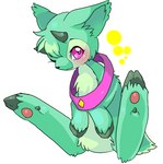 ambiguous_feral ambiguous_gender blush chibi collar eyelashes featureless_crotch feral fluffy fur green_body green_fur hooves horn kemono legs_up looking_away looking_up mouth_closed pink_collar simple_background sitting solo three-quarter_view suppainu neopets ixi_(neopets) neopet_(species) 2008 digital_media_(artwork) low_res shaded