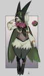 3_fingers anthro biped bottomless breasts clothed clothing eyelashes female fingers fur genitals green_body green_fur medium_breasts multicolored_body pink_body pink_eyes pink_nose pokemorph pupils pussy simple_background solo standing crestfallenartist nintendo pokemon generation_9_pokemon meowscarada pokemon_(species) hi_res