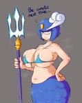 2019 animal_humanoid armor artist_name belly belly_overhang big_breasts bikini bikini_top blue_bikini blue_bikini_top blue_clothing blue_swimwear breast_squish breasts capcom cleavage clothed clothing dialogue english_text female fupoo glistening glistening_body grey_background hand_on_hip headgear helmet holding_melee_weapon holding_object holding_polearm holding_trident holding_weapon humanoid lidded_eyes looking_at_viewer machine marine marine_humanoid mega_man_(series) megaman_(classic) melee_weapon merfolk midriff narrowed_eyes navel polearm robot_master simple_background slightly_chubby slightly_chubby_female slightly_chubby_humanoid solo splash_woman split_form squish swimwear talking_to_viewer text three-quarter_view trident two-piece_swimsuit water weapon wet wide_hips