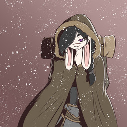 anthro armor backpack black_hair clothed clothing female fur hair hair_over_eye one_eye_obstructed ponytail purple_eyes scar snow snowing solo white_body white_fur the_man lagomorph leporid mammal rabbit 1:1 absurd_res hi_res portrait three-quarter_portrait