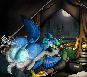 anthro balls beak big_balls big_penis blue_body blue_eyes blue_feathers book campfire camping cheek_markings duo electronics facial_markings feathers feet forest from_front_position genitals green_eyes green_tongue head_markings hooves huge_balls huge_penis hyper hyper_balls hyper_genitalia hyper_penis lamp lantern log male male/male markings mating_press moon open_beak open_mouth passionate_kiss penis pillow plant plap radio rough_sex sex tail tail_feathers talons text toes tongue tree turquoise_hair wings wood furbave mythology avius_volante avian bird deer dragon hybrid mammal mythological_creature mythological_scalie scalie absurd_res hi_res