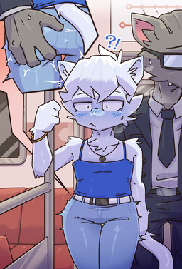 4_fingers anthro arm_tuft blue_blush blush bottomwear bracelet bulge butt butt_grab close-up clothed clothing combover constricted_pupils denim denim_bottomwear denim_clothing duo elbow_tuft emanata eyewear fingers glasses hand_on_butt jeans jewelry looking_ahead male male/male narrowed_eyes pants pink_inner_ear pupils rectangular_glasses small_pupils tuft white_body teka77909771 domestic_cat felid feline felis mammal hi_res