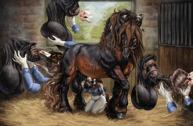 animal_genitalia animal_penis anthro anthro_on_feral anthro_penetrated ball_fondling balls barn belly bestiality big_balls big_penis black_balls black_body black_fur black_penis bodily_fluids body_worship breasts brown_body brown_fur brown_mane clothed clothed_sex clothing duo equine_genitalia equine_penis erection feathers fellatio female female_anthro female_on_feral female_penetrated feral feral_penetrating feral_penetrating_anthro feral_penetrating_female flared_penis fondling fur genital_fluids genital_worship genitals hay hooves inside intraspecies intraspecies_bestiality larger_feral larger_male licking male male/female male_feral male_on_anthro male_penetrating male_penetrating_anthro male_penetrating_female mane medial_ring multicolored_penis oral oral_penetration orange_body orange_eyes orange_fur penetration penile penile_penetration penis penis_in_mouth penis_lick penis_worship precum precum_string quadruped saggy_balls servicing_from_below sex size_difference smaller_anthro smaller_female smaller_penetrated tongue two_tone_penis scarlanya noz_orlok scarla_(scarlanya) draft_horse equid equine horse mammal absurd_res english_description hi_res huge_filesize signature