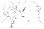 anthro beak blush breasts clothing duo ears_back eyes_closed eyewear female glasses hat headgear headwear kissing leaning male pivoted_ears conditional_dnp sefeiren lizanne avian bird hyena lyrebird mammal oscine passerine spotted_hyena superb_lyrebird monochrome sketch