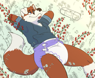 anthro blue_eyes brown_body brown_fur brown_nose clean_diaper clothed clothing diaper dipstick_tail fur fur_markings grass lying lying_on_grass male markings multicolored_body multicolored_fur on_grass on_ground outside plant red_body red_fur relaxing solo speaker tail tail_markings wearing_diaper wetness_indicator white_body white_fur bottlebear canid canine fox mammal 2022 absurd_res digital_drawing_(artwork) digital_media_(artwork) hi_res