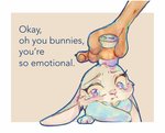 anthro blush bodily_fluids border brown_body brown_fur can container disembodied_hand duo female fur grey_body grey_fur simple_background tan_background tears text white_border strawberry628_(artist) disney zootopia judy_hopps lagomorph leporid mammal rabbit 2020 english_text painting_(artwork) traditional_media_(artwork) watercolor_(artwork)