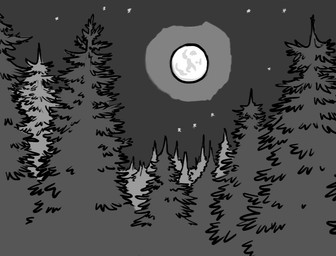 ambiguous_gender anthro boots bottomwear campfire cheek_tuft claws clothed clothing coat crossed_arms digitigrade duo facial_tuft fangs female finger_claws footwear forest full_moon fully_clothed hair head_tuft inner_ear_fluff leaf long_hair moon night open_mouth outside pants pawpads plant shirt shoes sitting sky teeth toe_claws tongue tongue_out topwear tree tuft pandadrake mythology canid canine human mammal mythological_canine mythological_creature werecanid werecanine werecreature werewolf animated digital_media_(artwork) frame_by_frame monochrome roughanimator_(artwork)