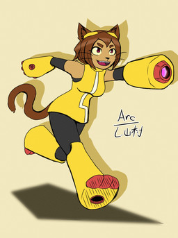 anthro arm_cannon breasts brown_body brown_hair clothed clothed_anthro clothed_female clothing eyewear female goggles hair medium_breasts running simple_background smile solo weapon weapon_arm whiskers arc_rose gameoverse glitch_productions kit_bodega domestic_cat felid feline felis mammal digital_drawing_(artwork) digital_media_(artwork) hi_res