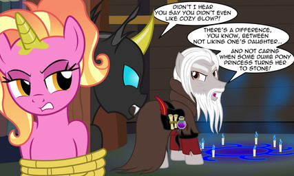 beard bottle bound candle clothing container dialogue facial_hair female feral group hair horn long_beard long_hair loose_feather male quill red_eyes restraints rope scroll text trio badumsquish friendship_is_magic hasbro my_little_pony mythology luster_dawn_(mlp) arthropod changeling_(mlp) equid equine mammal mythological_creature mythological_equine unicorn absurd_res english_text hi_res