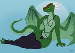 anthro black_claws breasts claws clothed clothing featureless_breasts female green_body green_scales hand_on_hip legwear lingerie looking_at_viewer mostly_nude panties pose scales sitting skimpy slim smile solo stockings tail thigh_highs toeless_legwear underwear wings maaia mythology arimah dragon mythological_creature mythological_scalie scalie 2023 digital_media_(artwork)