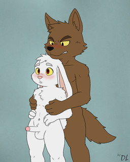anthro blush brown_body duo erection eyebrows genitals glans male male/male nude penis red_eyes romantic simple_eyes size_difference tail white_body yellow_sclera doomlazy27 barry_o'hera brawn_wyers canid canine canis hare lagomorph leporid mammal rabbit wolf hi_res
