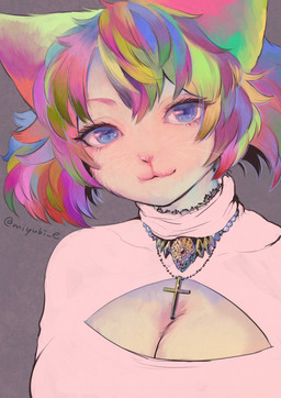 :3 anthro blue_eyes breasts cleavage cleavage_cutout clothed clothing cross cross_necklace cutout eyelashes female fur hair jewelry kemono keyhole_turtleneck looking_at_viewer multicolored_hair necklace pendant pink_nose rainbow_hair simple_background smile solo sweater topwear turtleneck whiskers white_body white_fur kiichi domestic_cat felid feline felis mammal 2016 bust_portrait portrait signature