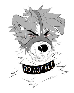 anthro bodily_fluids cheek_tuft collar facial_tuft floppy_ears front_view male muzzle_(object) muzzled narrowed_eyes neck_tuft simple_background solo sweat tuft wire_basket_muzzle princelykaden canid canine canis domestic_dog mammal hi_res partially_colored
