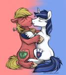 2014 big_macintosh_(mlp) blue_hair blue_tail cutie_mark digital_media_(artwork) duo earth_pony embrace equid equine eyes_closed feral fetlocks freckles friendship_is_magic hair hasbro horn horse hug kenket kissing male male/male mammal my_little_pony mythological_creature mythological_equine mythology open_mouth orange_hair orange_tail pony red_body romantic romantic_couple shining_armor_(mlp) simple_background sitting sophiecabra tail unicorn white_body