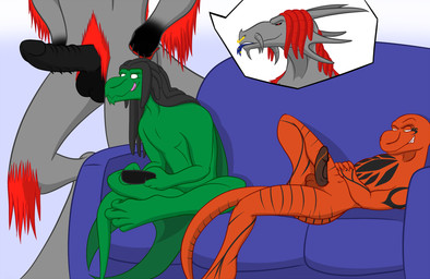 animal_genitalia anthro balls claws dreadlocks erection fur genital_slit genitals group male membrane_(anatomy) membranous_wings nude penis smile tongue tongue_out wings x231 ferkahhan_(character) modo_tu_(character) rain-grid_(character) lizard reptile scalie 2015 digital_media_(artwork) hi_res