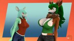 anthro antlers big_breasts bottomwear breasts buckteeth cleavage clothed clothing denim denim_bottomwear denim_clothing duo fangs female green_hair hair horn jeans mature_female neckfluff pants revamped_anthros size_difference teeth donglysfm kana_(donglysfm) tea_tree_(donglysfm) deer mammal water_deer 16:9 3d_(artwork) 4k absurd_res digital_media_(artwork) hi_res source_filmmaker_(artwork) widescreen