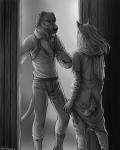 anthro boots clothing dress duo female footwear hair holster knife male shoes rukis johannes_cuthbert shivah canid canine canis domestic_dog felid feline hunting_dog irish_wolfhound lynx mammal sighthound 2014 4:5 greyscale monochrome shaded