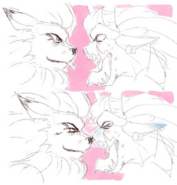 2_horns anthro duo ear_piercing hair horn male mane open_mouth piercing pointy_ears sharp_teeth teeth tongue tongue_out pirruwan bandai_namco digimon digimon_(species) humanoid leomon ogremon hi_res